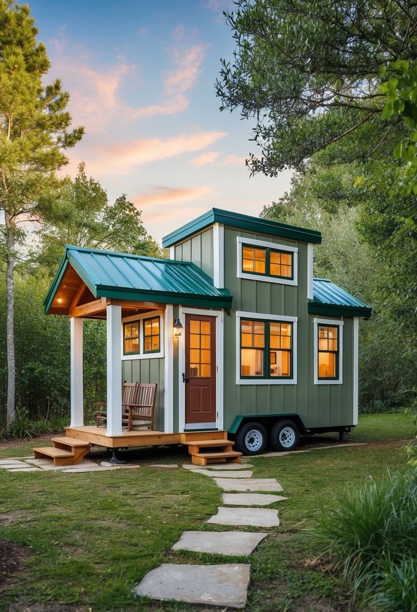 A cozy 10x12 tiny house with a loft, surrounded by nature and featuring a small porch and large windows