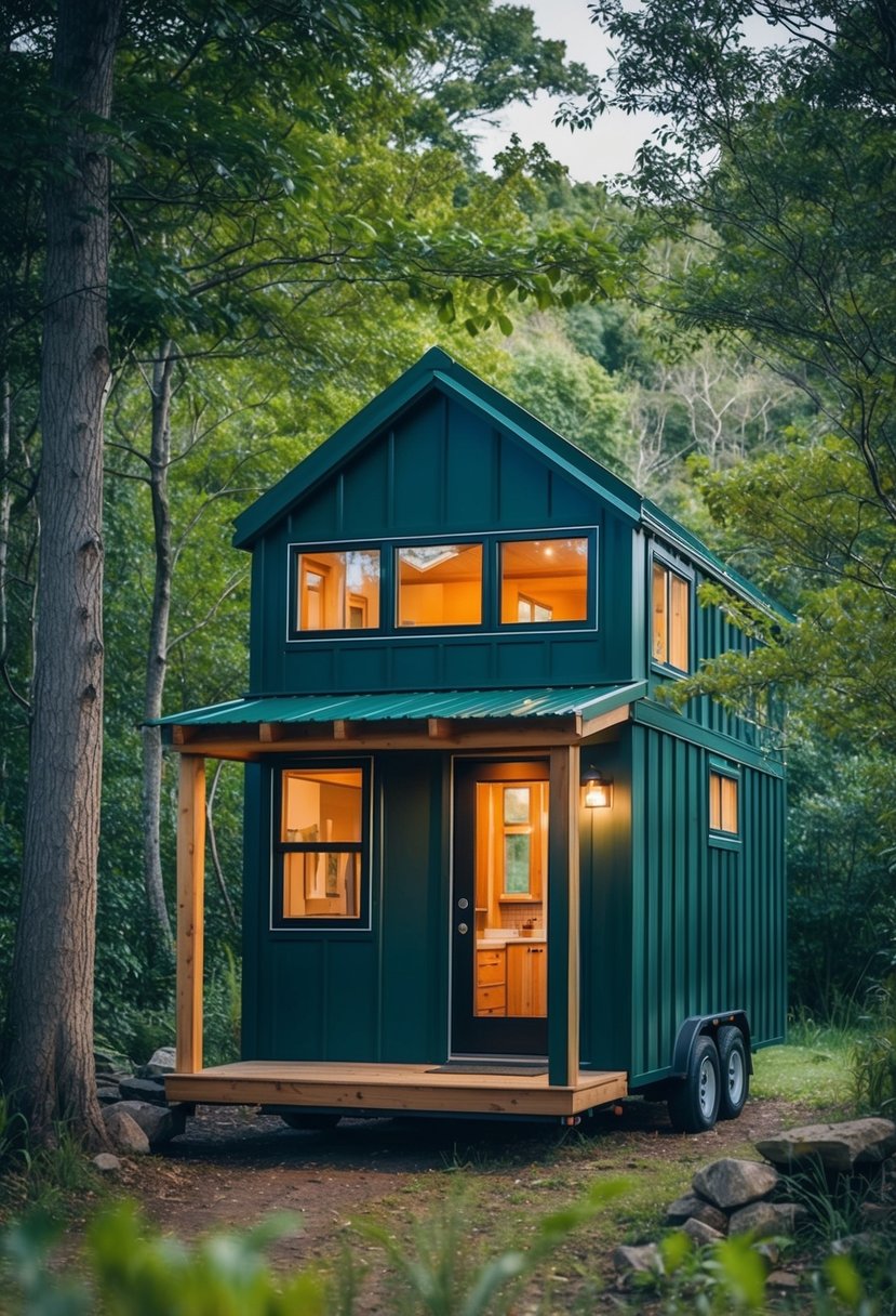 A cozy 10x12 tiny house with a loft nestled in a lush, natural environment, surrounded by trees and wildlife