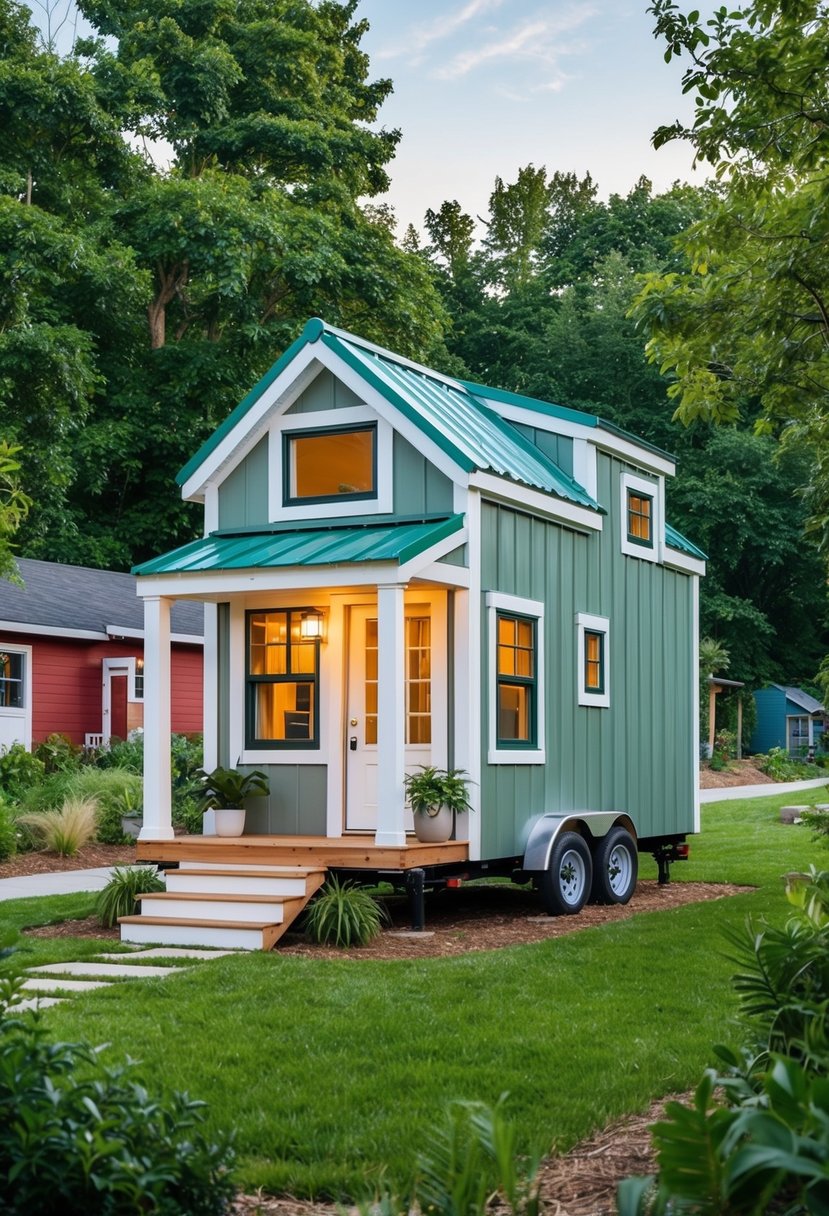 A cozy 10x12 tiny house with a loft, surrounded by a vibrant community and lush greenery