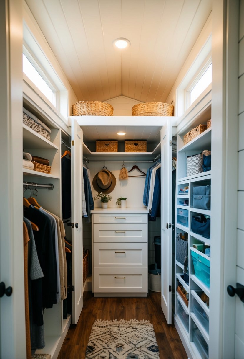 A small, organized closet in a tiny house with clever storage solutions for maximizing space