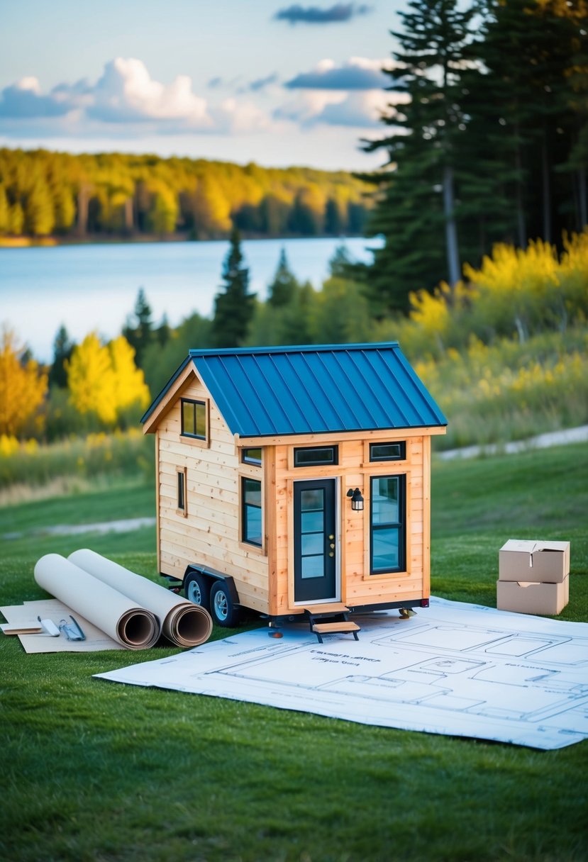 A tiny house surrounded by Michigan's natural landscape, with a blueprint and construction materials nearby