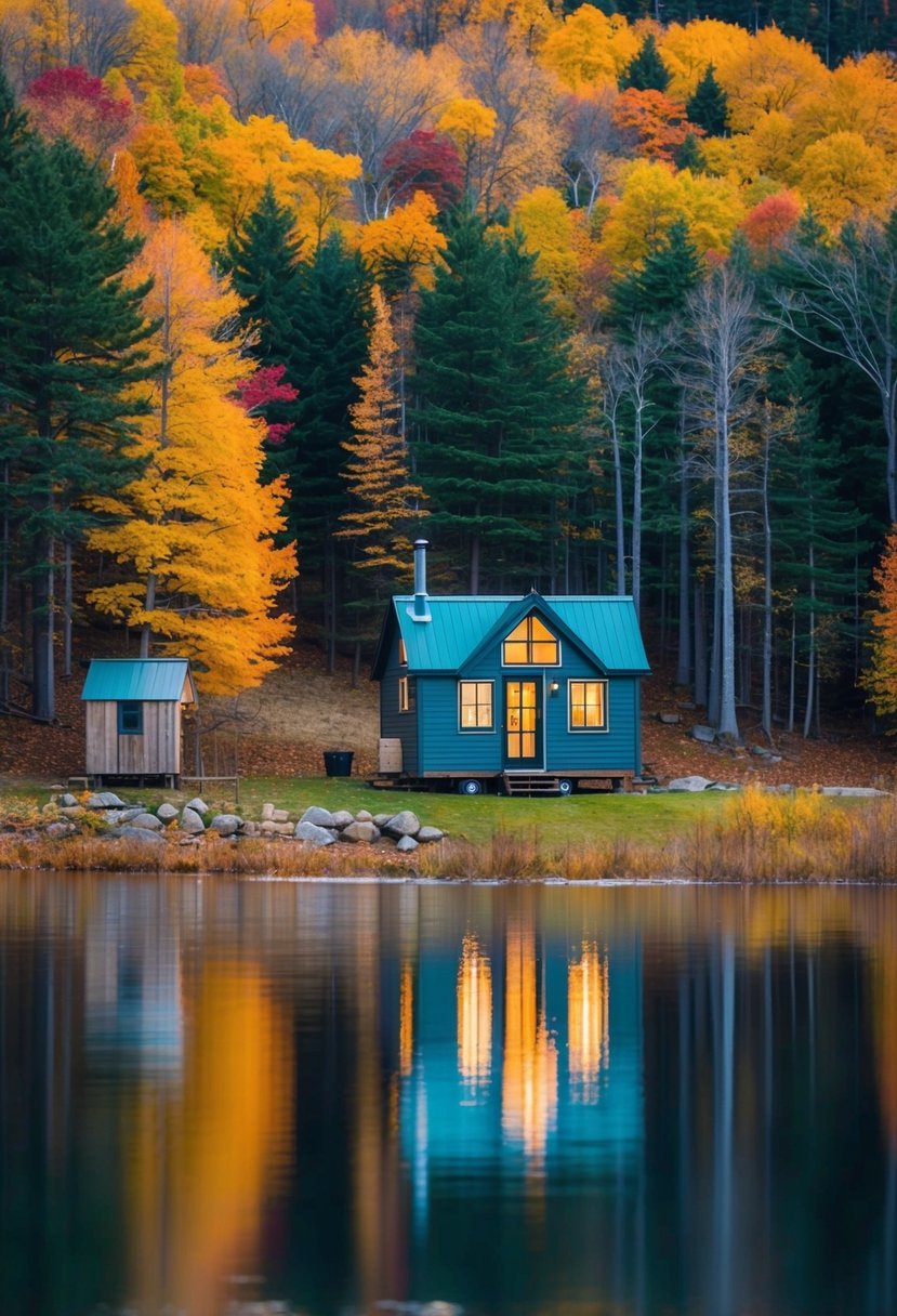 A cozy tiny home nestled in a Michigan forest, surrounded by colorful autumn leaves and a serene lake, with a small workshop nearby