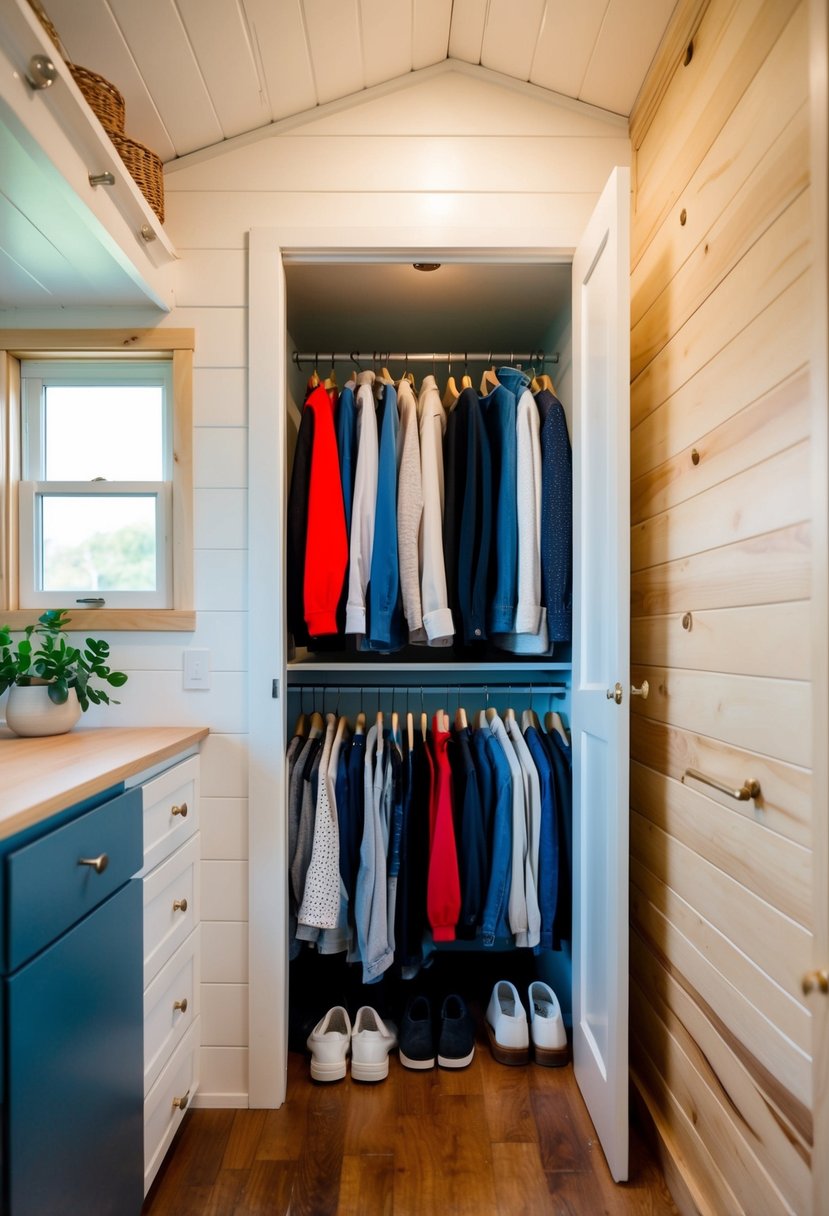 A small closet with neatly organized clothes and shoes in a tiny house bedroom