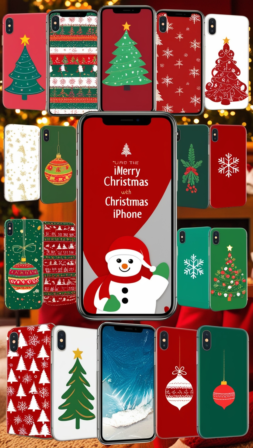 Create a vibrant and festive image showcasing a collection of iPhones with various Christmas wallpaper iPhone designs. Include backgrounds with Christmas trees, snowflakes, and holiday ornaments. The iPhones should be arranged in a visually appealing layout with a cozy holiday setting, such as a fireplace or Christmas lights in the background.