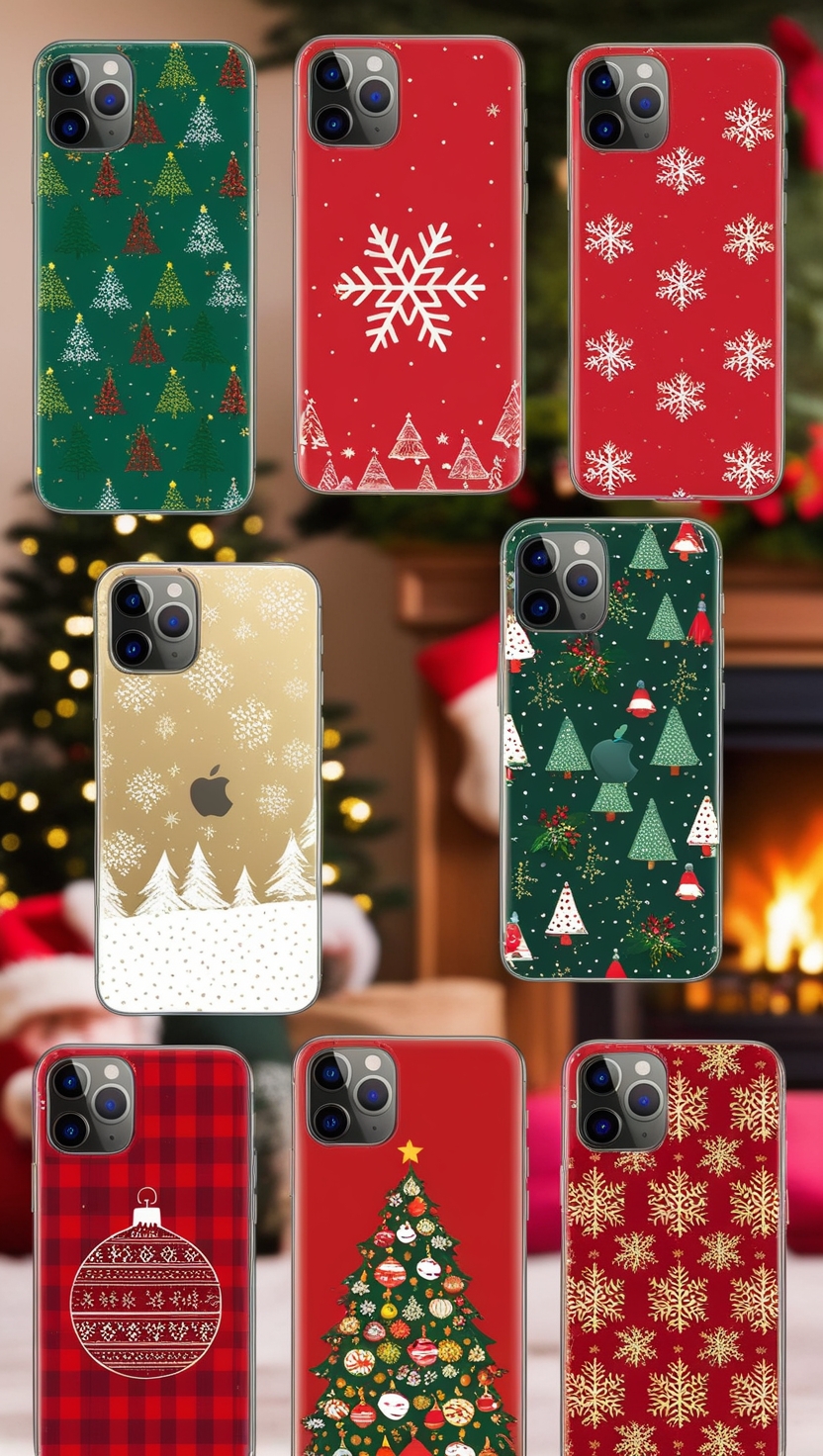 Create a vibrant and festive image showcasing a collection of iPhones with various Christmas wallpaper iPhone designs. Include backgrounds with Christmas trees, snowflakes, and holiday ornaments. The iPhones should be arranged in a visually appealing layout with a cozy holiday setting, such as a fireplace or Christmas lights in the background.