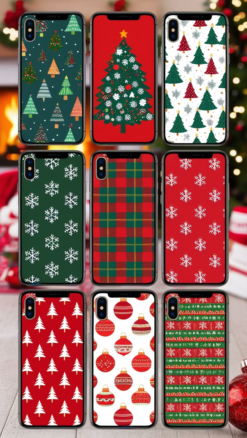 Create a vibrant and festive image showcasing a collection of iPhones with various Christmas wallpaper iPhone designs. Include backgrounds with Christmas trees, snowflakes, and holiday ornaments. The iPhones should be arranged in a visually appealing layout with a cozy holiday setting, such as a fireplace or Christmas lights in the background.