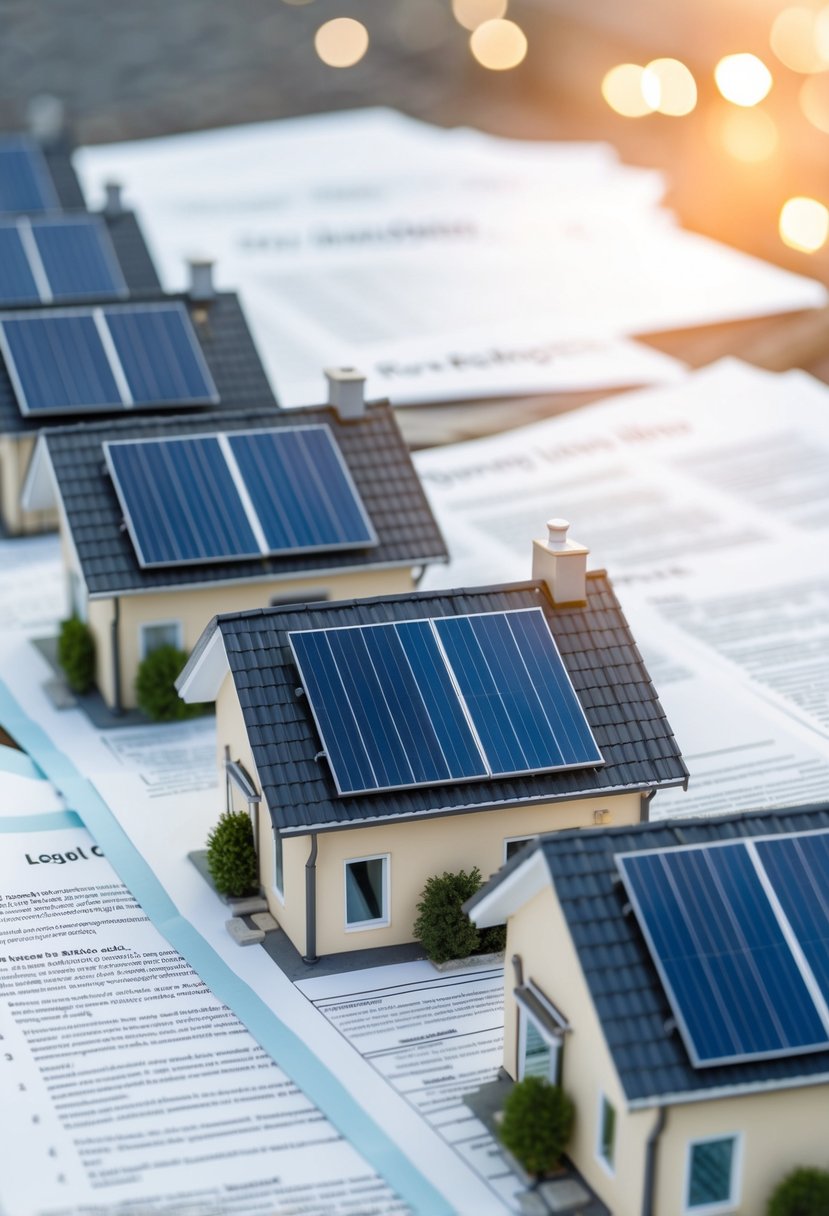 A row of small homes with solar panels, surrounded by legal documents and regulatory guidelines