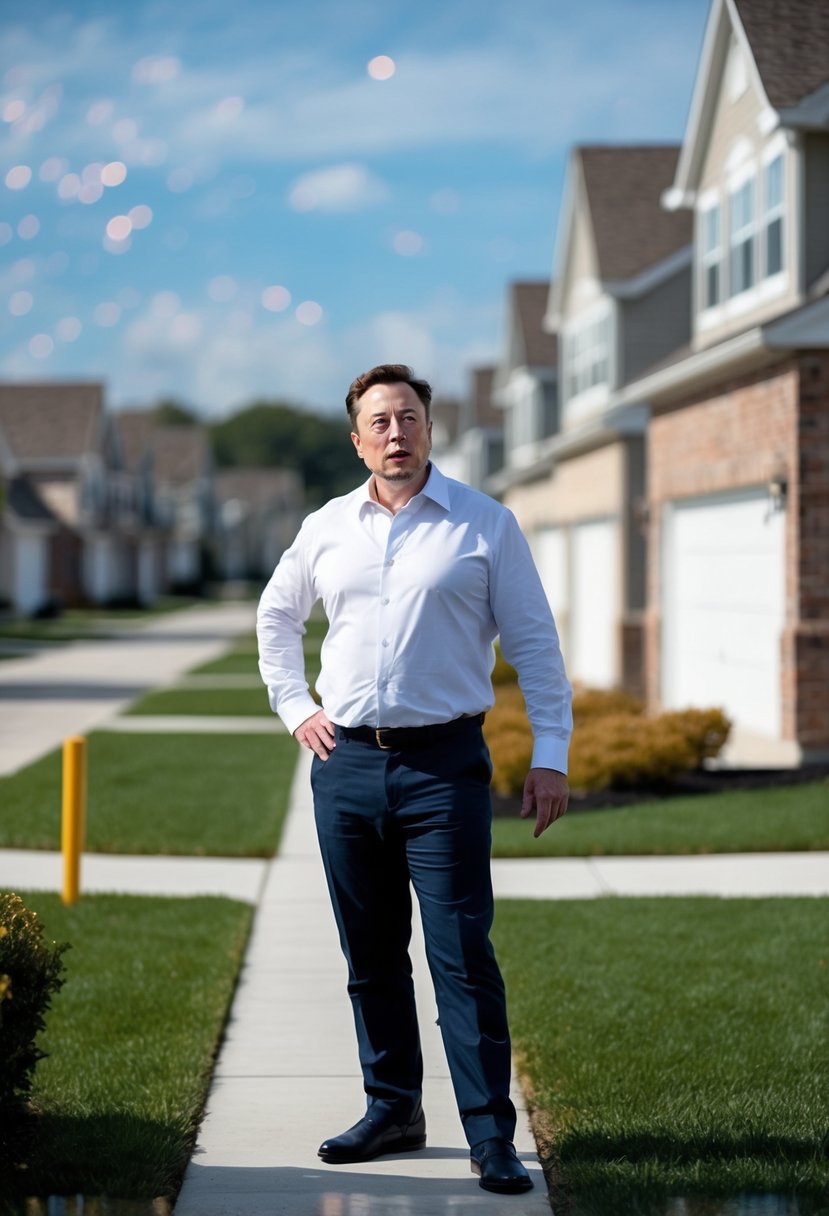 Elon Musk inspecting rows of affordable homes in a suburban neighborhood