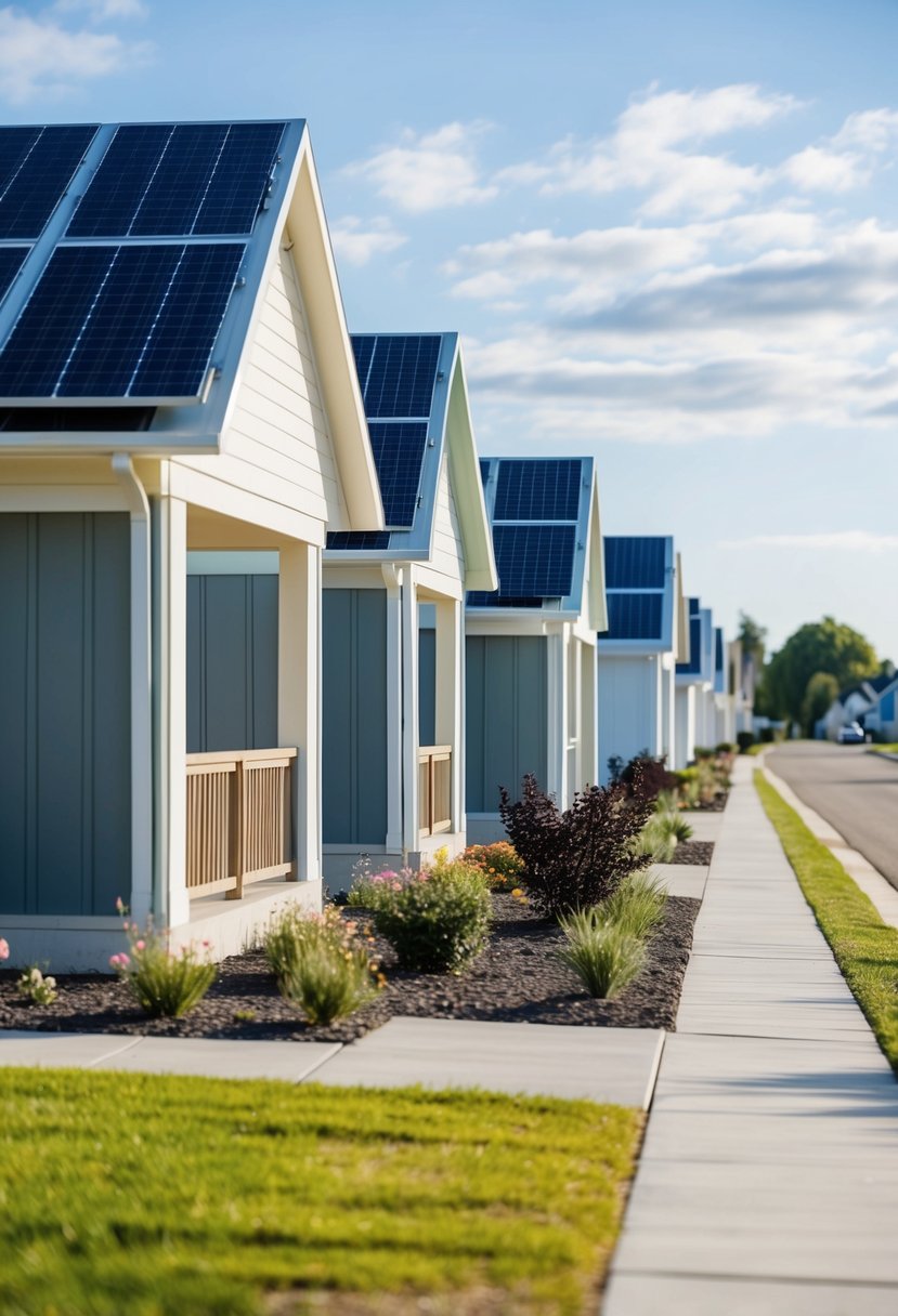 Elon Musk's affordable homes line a sunny suburban street. Unique designs and solar panels adorn each house