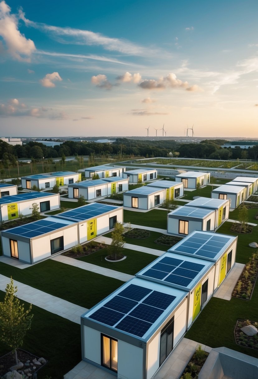 A futuristic modular housing community with solar panels and green spaces, surrounded by regulatory obstacles