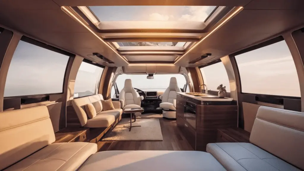 Premium leather seats offer multiple adjustments for comfort during long drives in motor homes