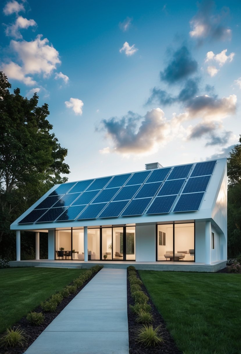 A futuristic eco-friendly home constructed with advanced technology, featuring solar panels, sustainable materials, and innovative design elements envisioned by Elon Musk