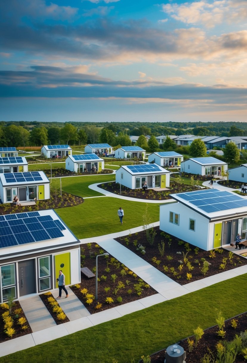 A diverse community of people living in affordable, sustainable homes designed by Elon Musk, with solar panels and green spaces