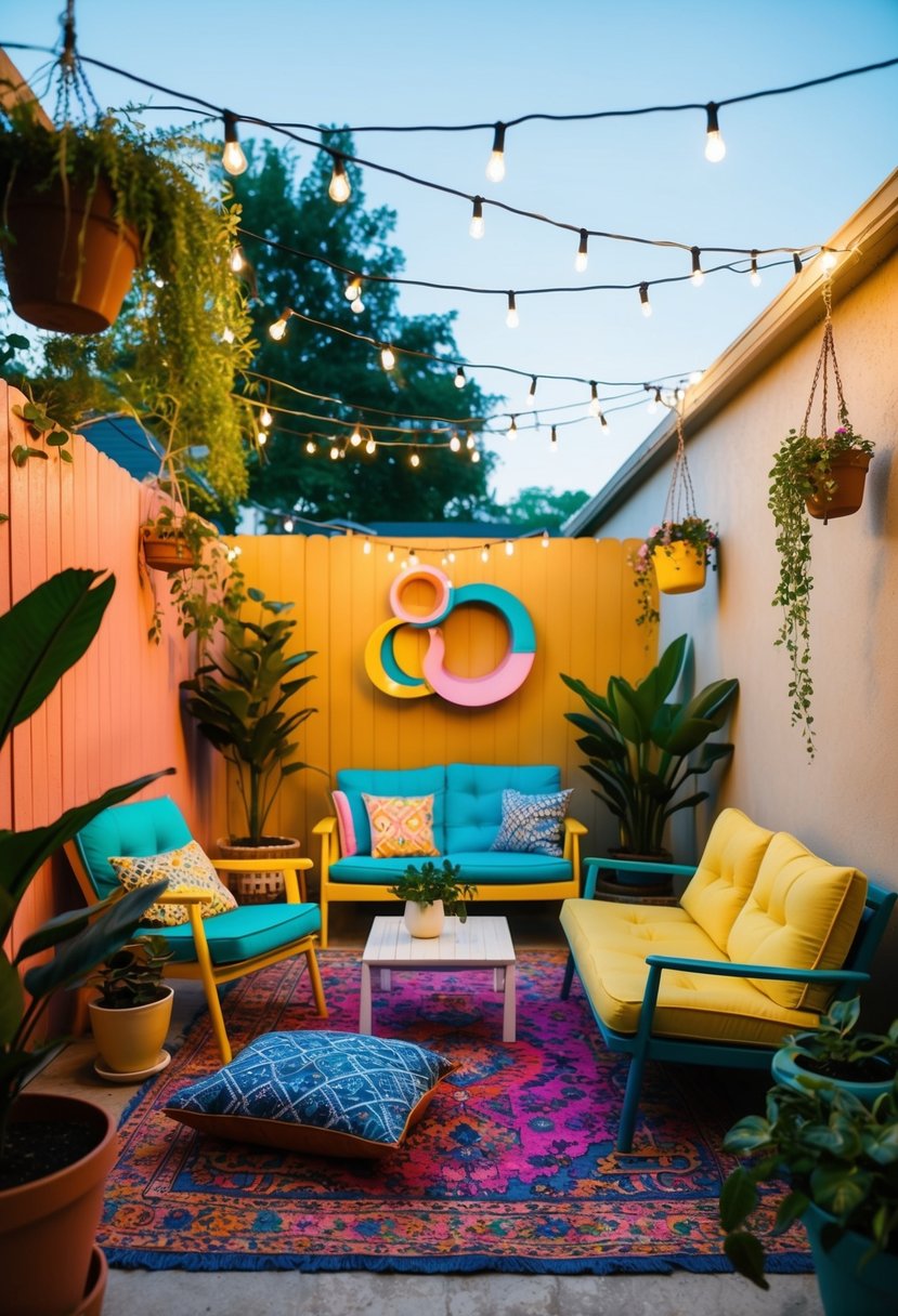 A colorful, eclectic backyard with mismatched furniture, hanging plants, and twinkling string lights. A cozy seating area with floor cushions and a low table