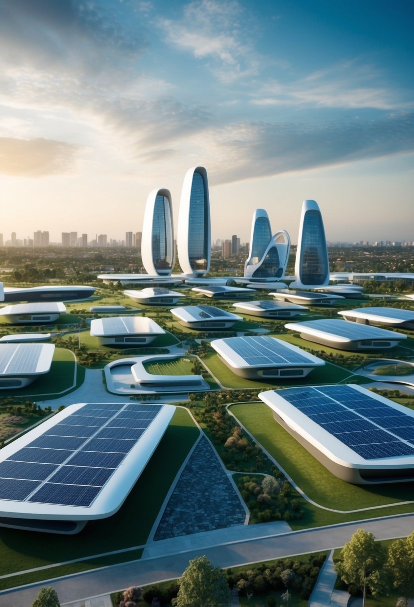 A futuristic cityscape with sleek, eco-friendly homes, solar panels, and green spaces, reflecting Elon Musk's vision for affordable, sustainable living