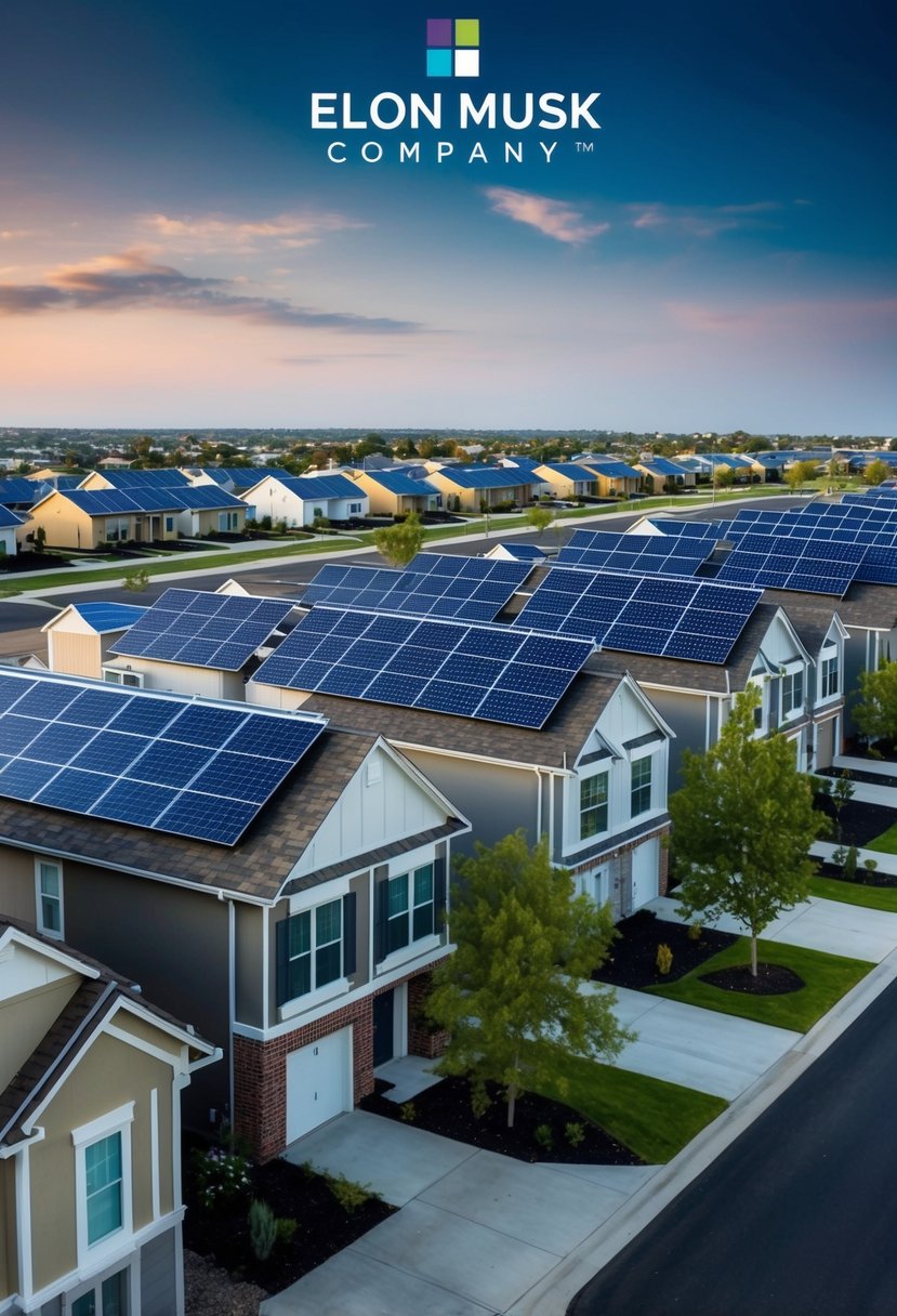 A suburban neighborhood with rows of affordable homes, each with a solar panel on the roof. Elon Musk's company logo displayed prominently