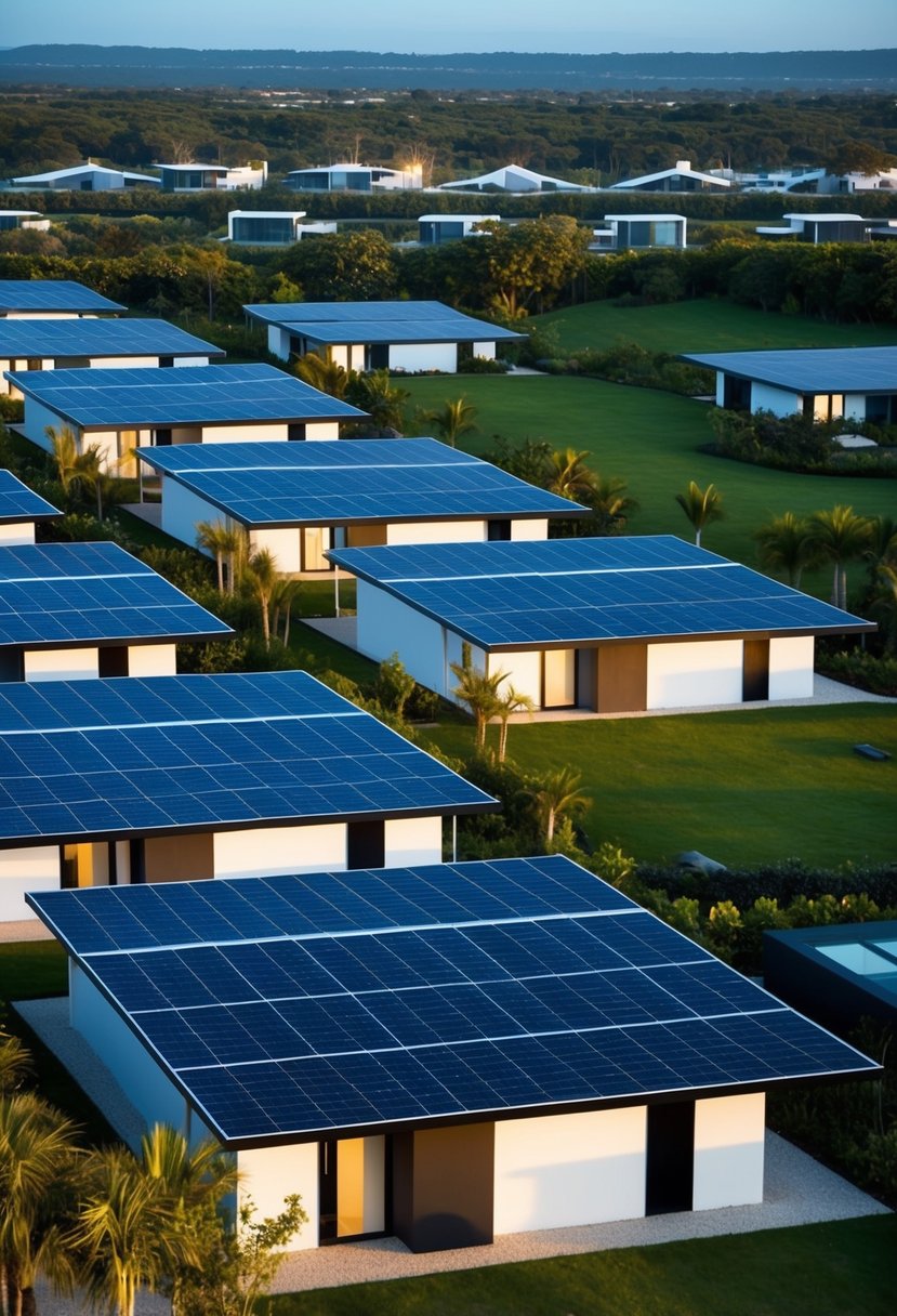 Elon Musk's affordable homes: rows of sleek, solar-powered houses nestled in a lush, sustainable community