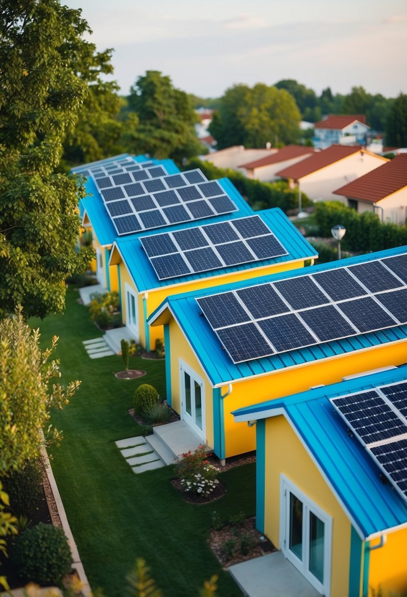 A row of small, colorful houses with solar panels on the roofs, surrounded by trees and gardens