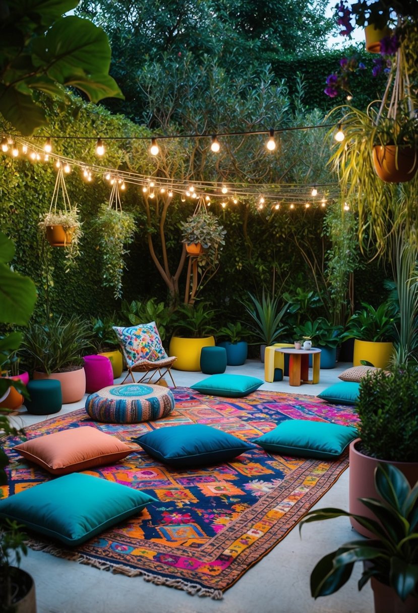 A lush garden with colorful rugs, low tables, and floor cushions surrounded by hanging plants and twinkling string lights