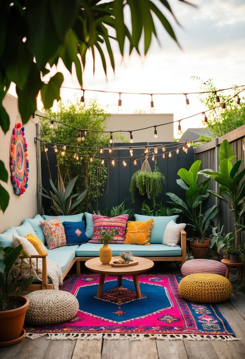 A cozy bohemian backyard with colorful rugs, low seating, hanging plants, and string lights creating a relaxed and inviting atmosphere