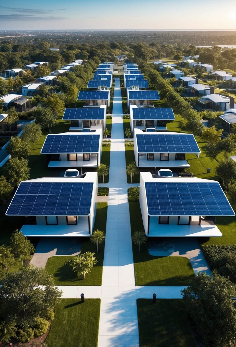 Elon Musk's vision for affordable housing: a futuristic community of sleek, solar-powered homes nestled among lush greenery and connected by pedestrian-friendly pathways