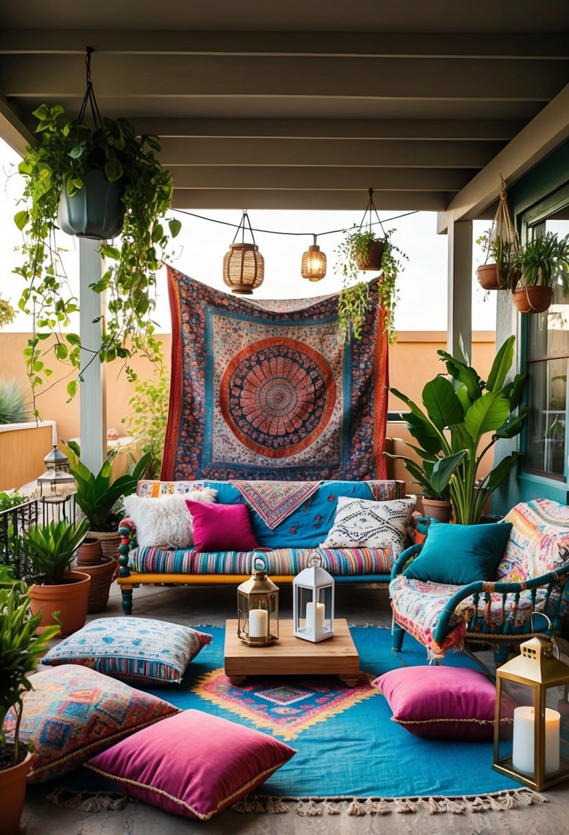 A colorful bohemian patio with mismatched furniture, hanging plants, and cozy floor cushions. A low table with lanterns and a tapestry creates a relaxed and inviting atmosphere