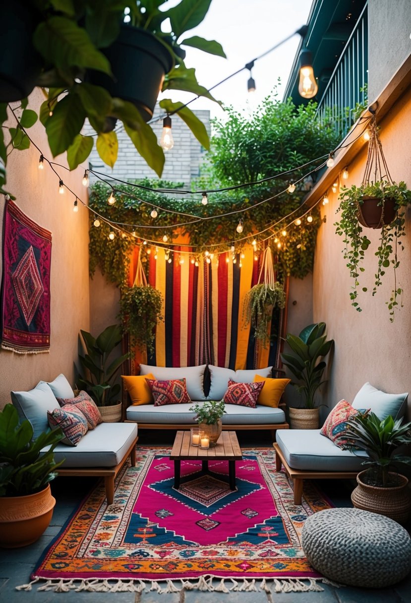 A cozy patio with colorful rugs, low seating, hanging plants, and string lights creating a bohemian outdoor sanctuary