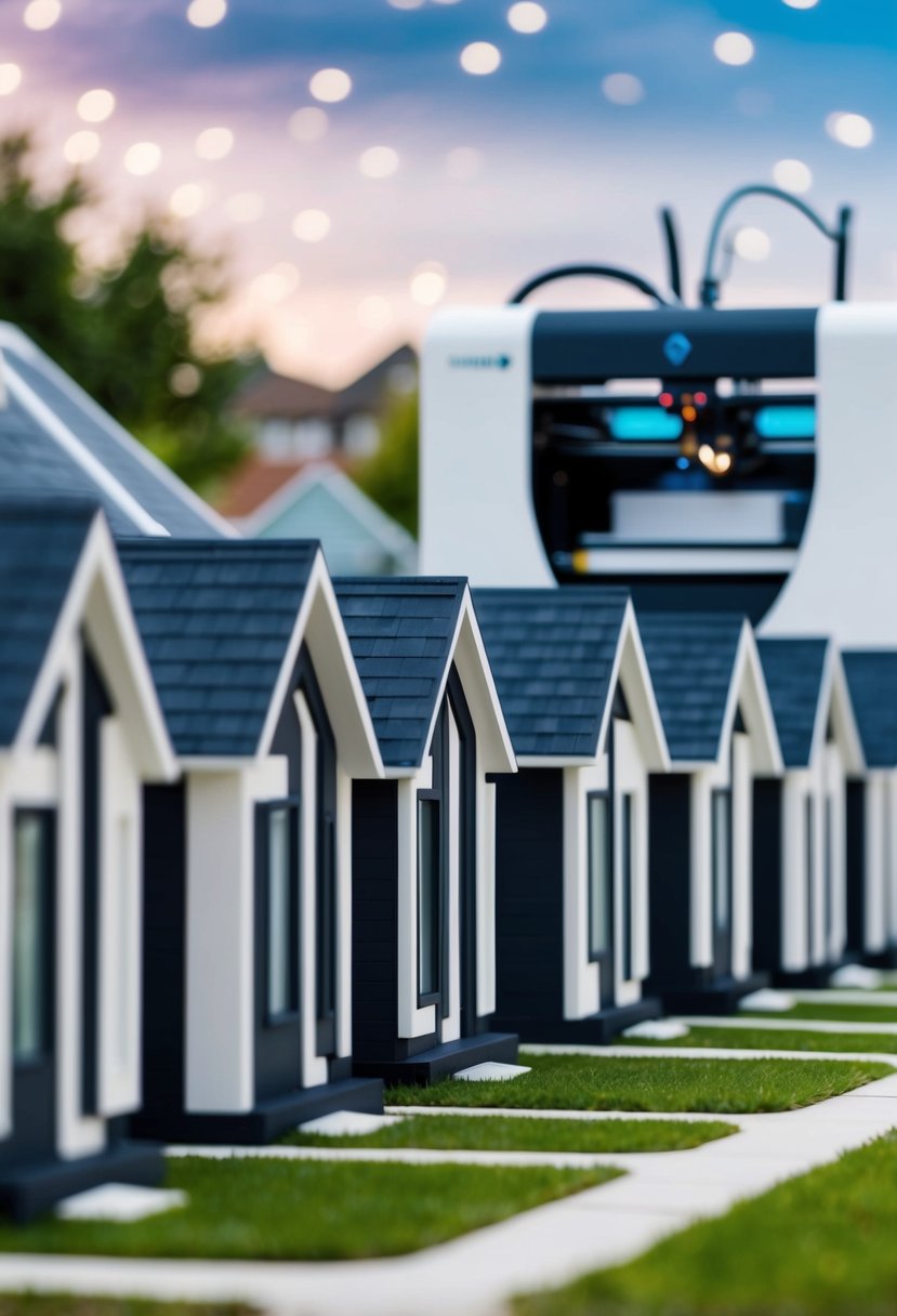 A row of completed 3D-printed houses in a futuristic neighborhood, with a large 3D printer in the background