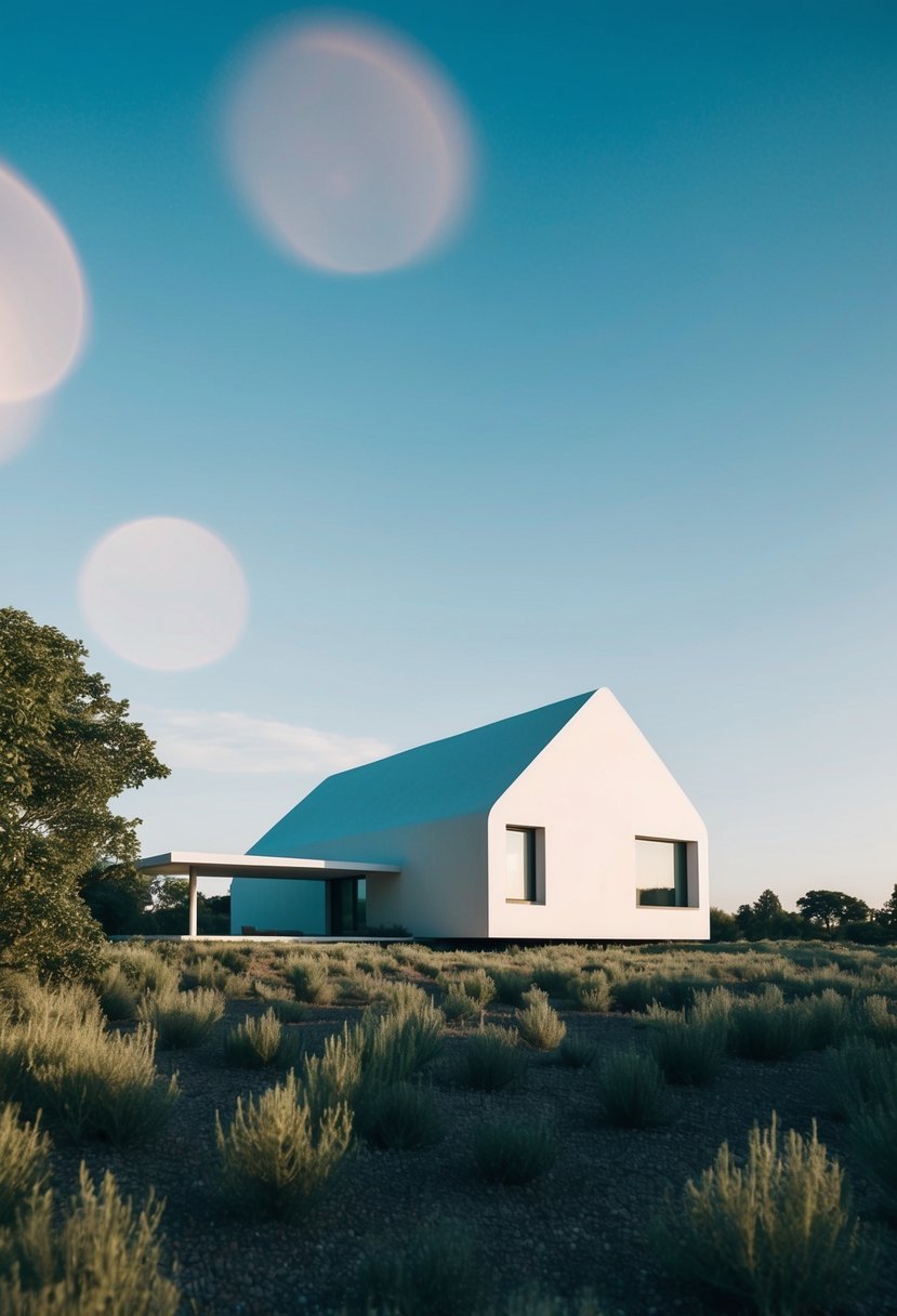 A sleek, modern 3D printed home stands in a futuristic landscape, surrounded by greenery and under a clear blue sky