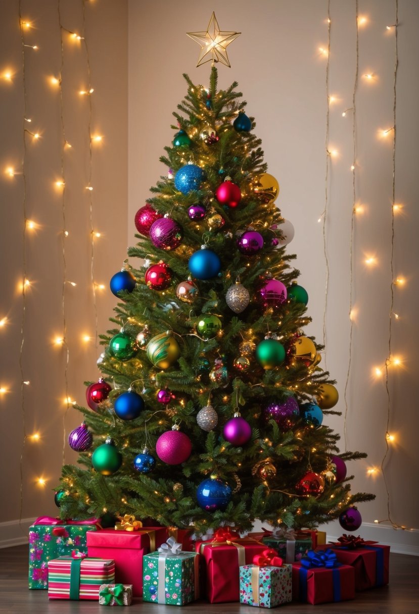 A Christmas tree adorned with colorful ornaments, twinkling lights, and a star topper. Presents wrapped in festive paper sit below