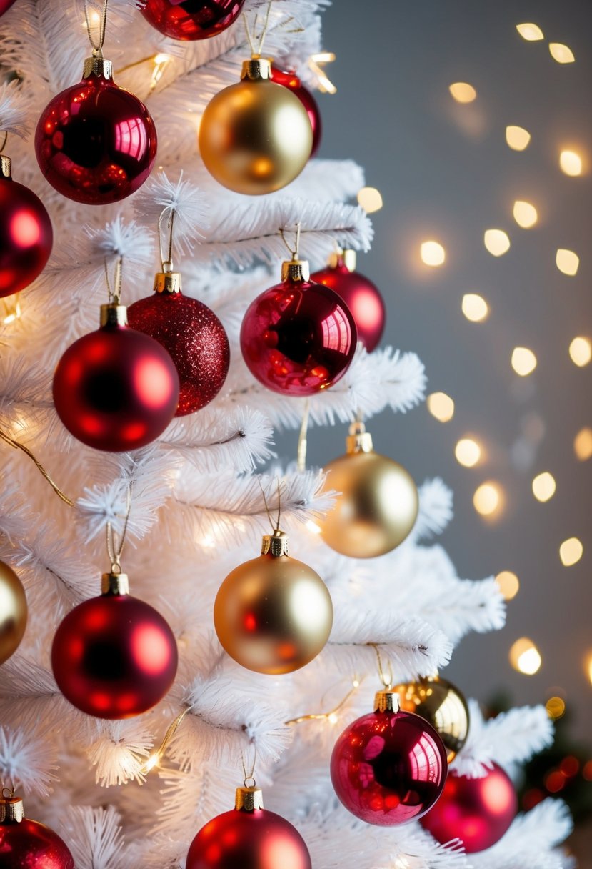 A white Christmas tree adorned with red and gold ornaments and twinkling lights