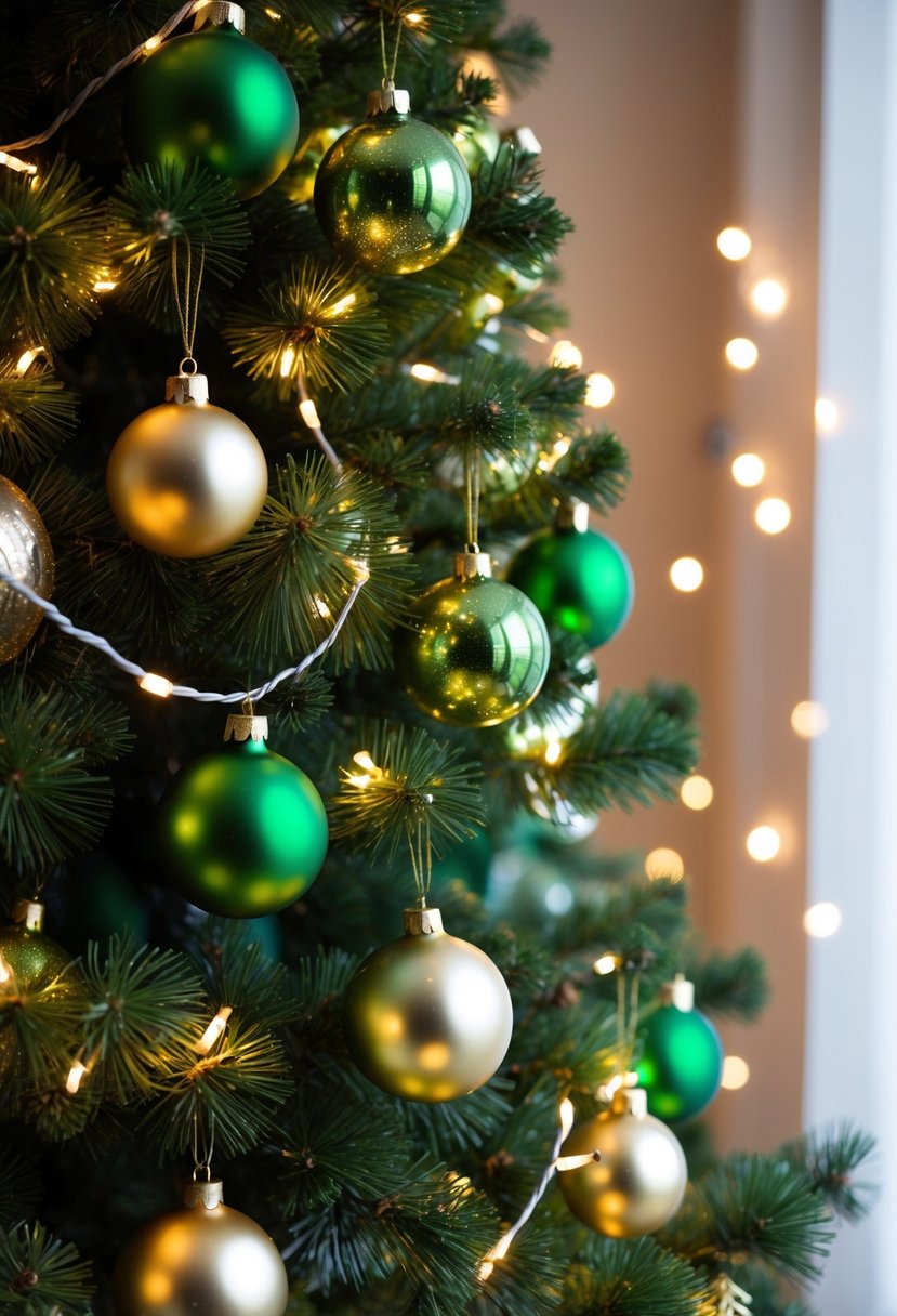 A Christmas tree adorned with green and gold ornaments and twinkling lights