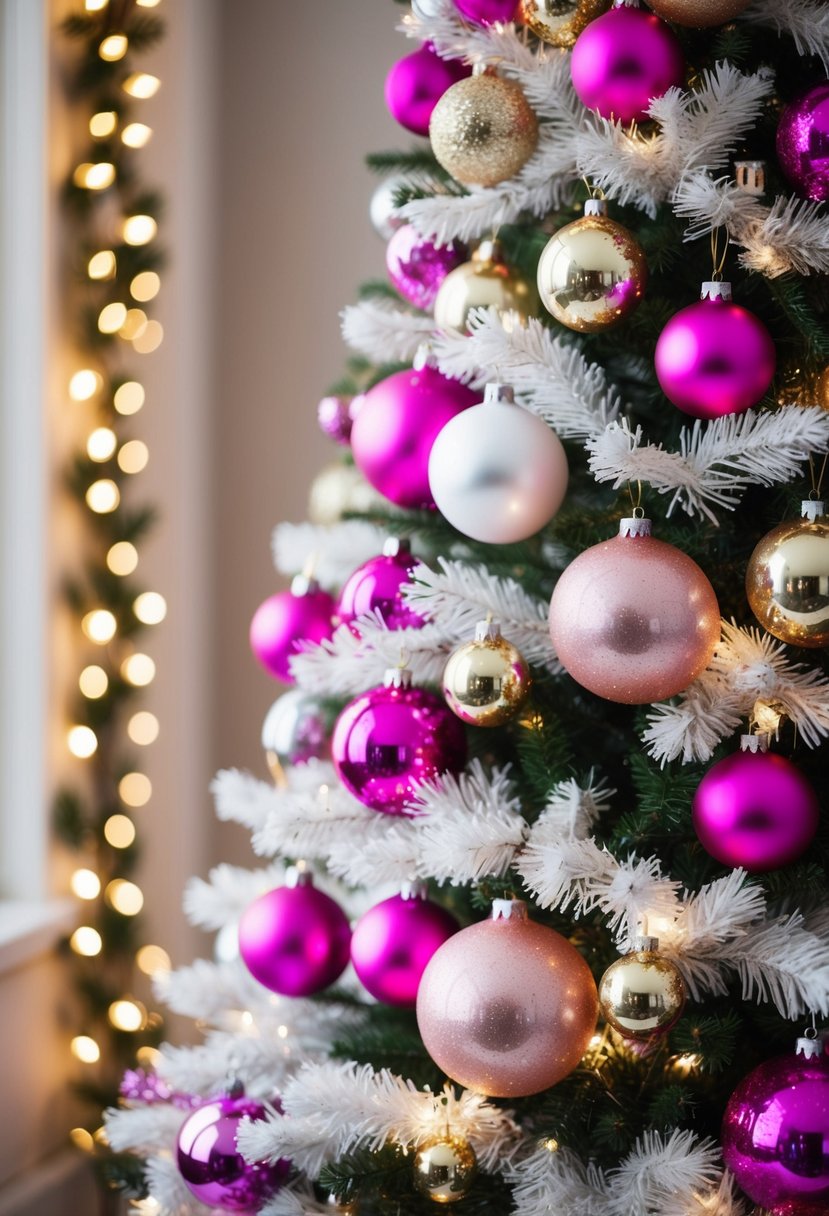 A pink, gold, and white Christmas tree adorned with shimmering ornaments and twinkling lights