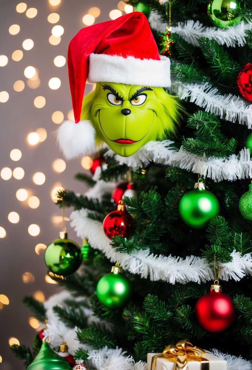 A Christmas tree adorned with Grinch-themed decorations, featuring green ornaments, a Santa hat topper, and a mischievous expression