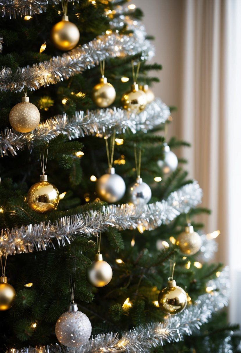 A Christmas tree adorned with gold and silver ornaments, twinkling lights, and shimmering tinsel