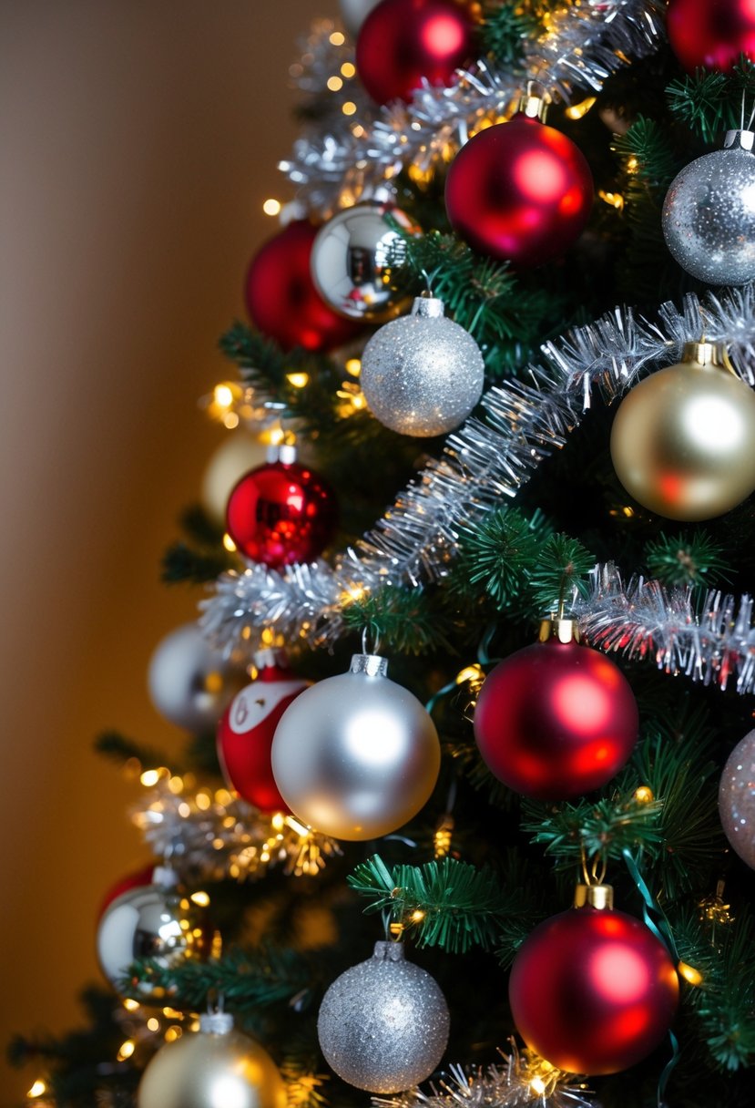 A Christmas tree adorned with red, gold, silver, and white ornaments, sparkling with twinkling lights and shimmering tinsel