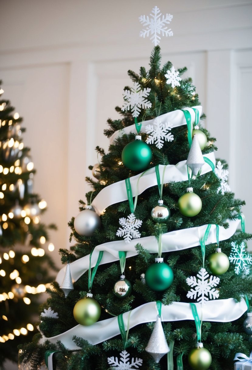 A green and white themed Christmas tree adorned with snowflakes, ribbons, and ornaments