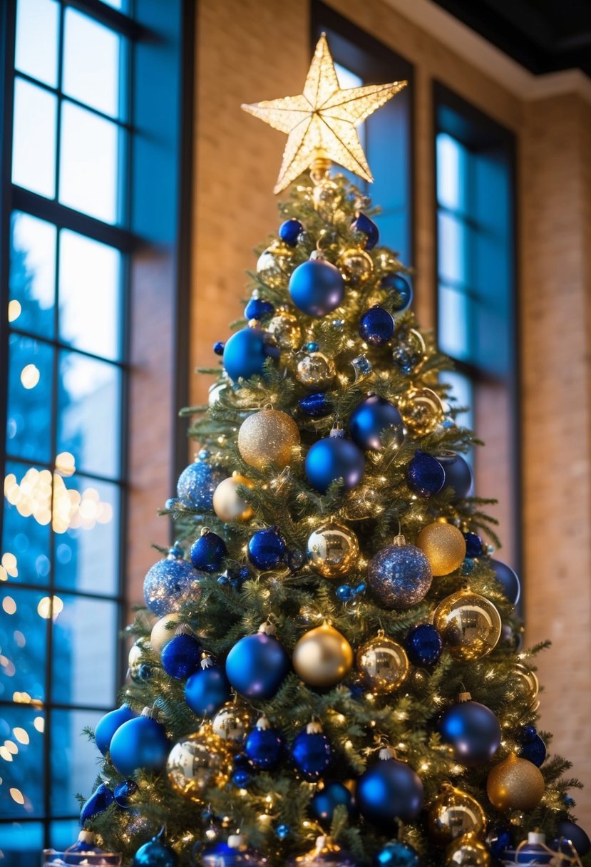 A tall Christmas tree adorned with blue and gold ornaments, sparkling lights, and a shining star on top