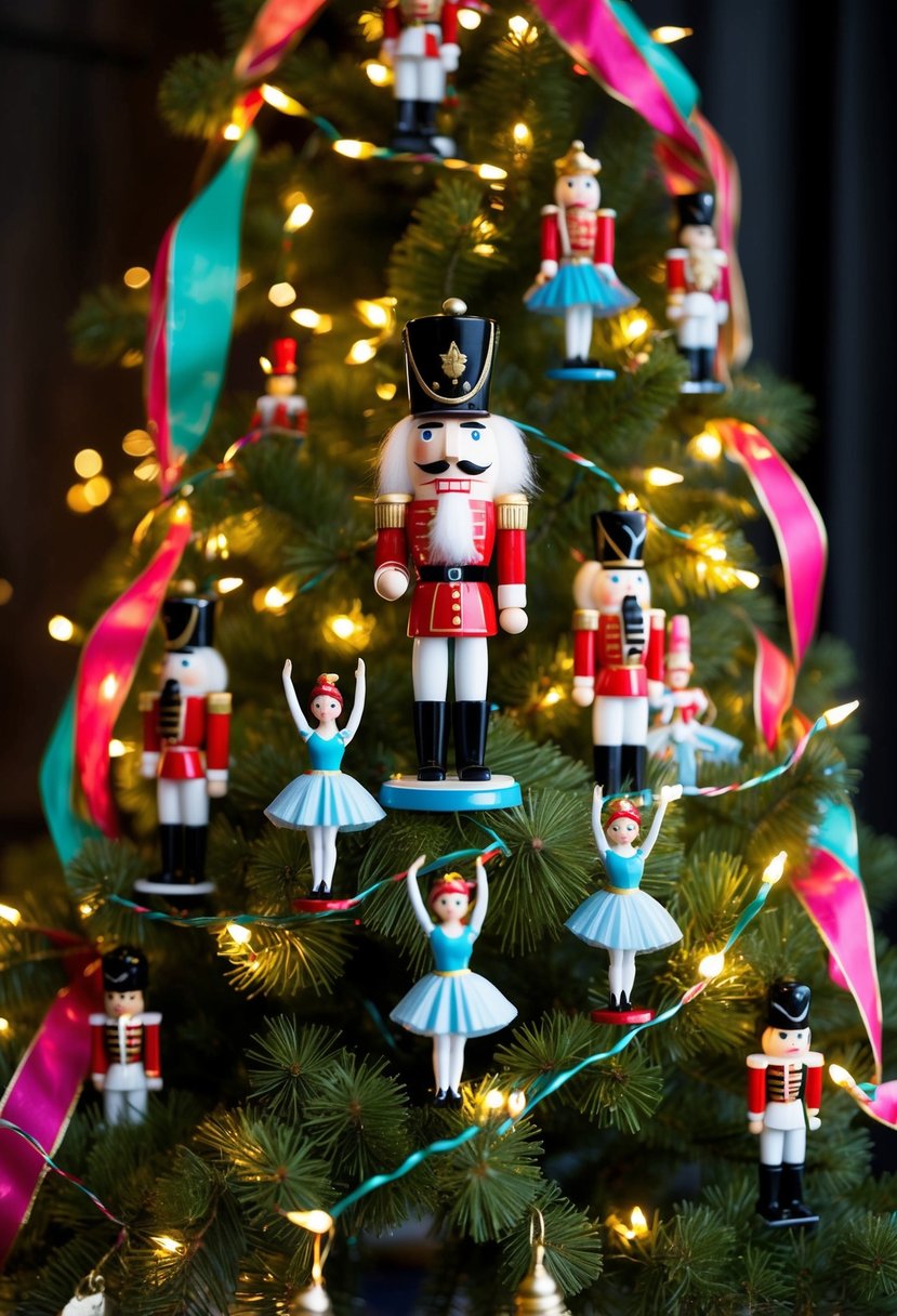 A Nutcracker-themed Christmas tree adorned with miniature soldiers, ballerinas, and nutcracker ornaments, surrounded by strings of twinkling lights and colorful ribbons