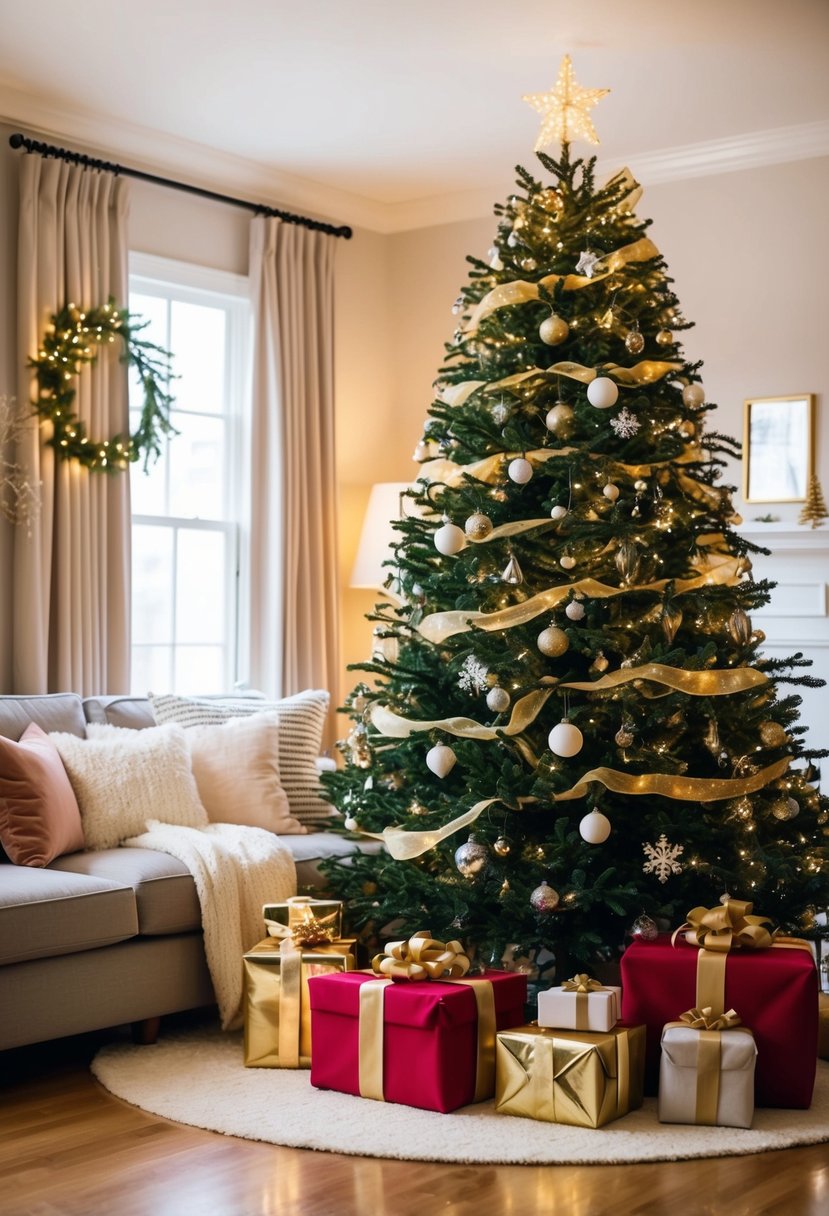 A cozy living room with a beautifully decorated Christmas tree surrounded by wrapped presents and twinkling lights