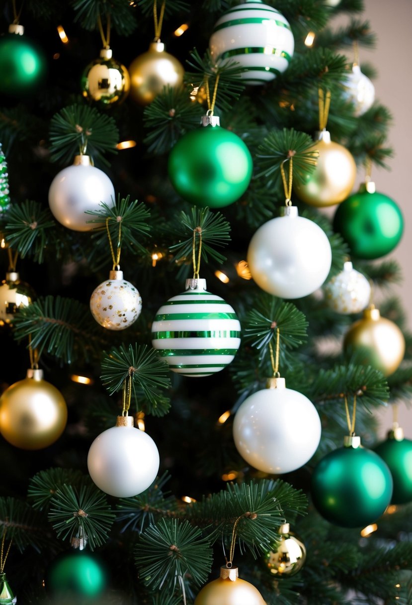 A Christmas tree adorned with green, white, and gold ornaments and decorations