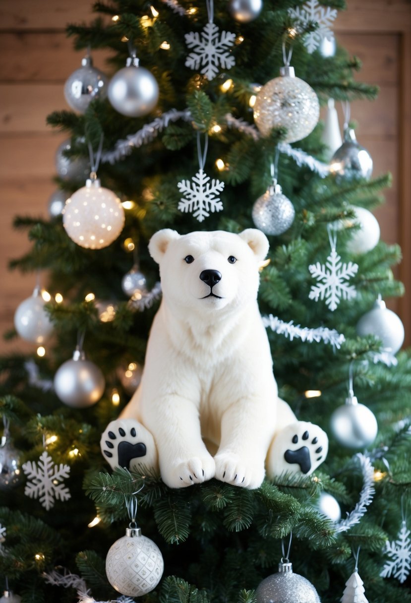 A polar bear scheme Christmas tree adorned with white and silver ornaments, snowflakes, and twinkling lights