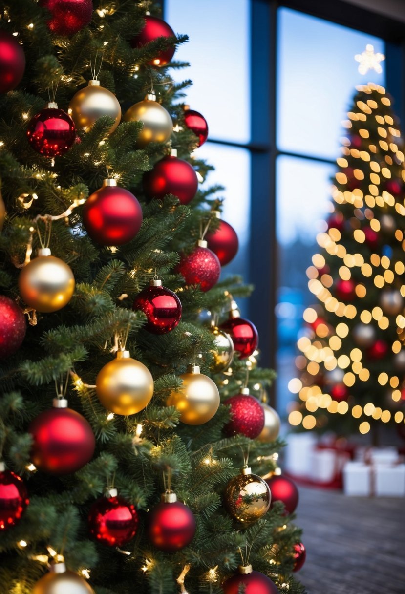 A tall Christmas tree adorned with red and gold ornaments and twinkling lights