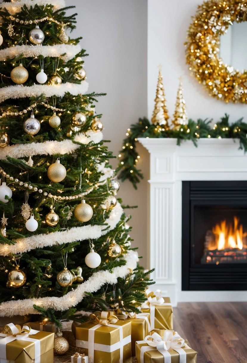 A gold and white Christmas tree adorned with sparkling ornaments and twinkling lights, surrounded by presents and a cozy fireplace