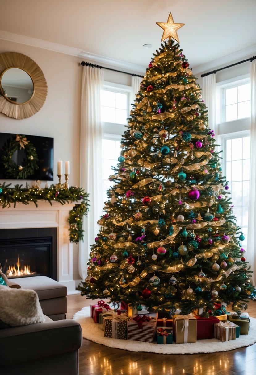 A cozy living room with a large, beautifully decorated Christmas tree surrounded by twinkling lights, colorful ornaments, and a star topper