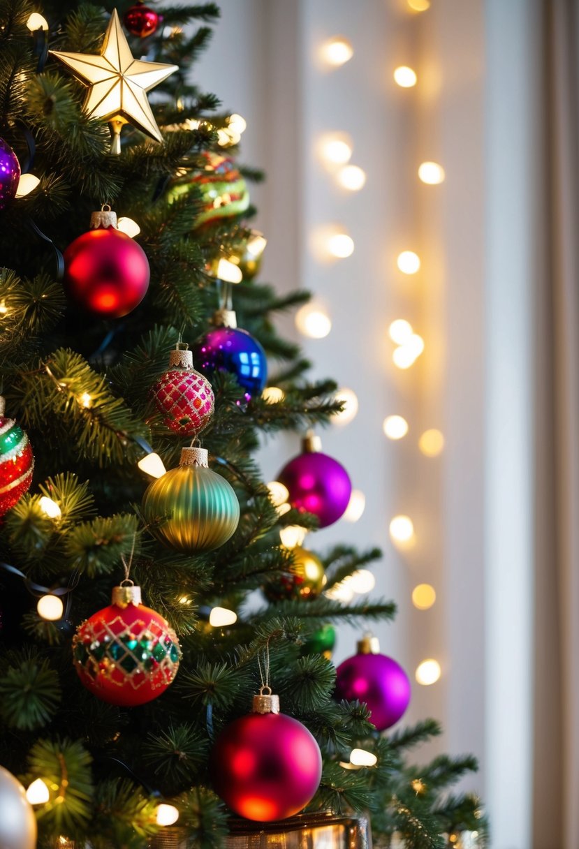 A decorated Christmas tree with colorful ornaments, twinkling lights, and a shining star topper