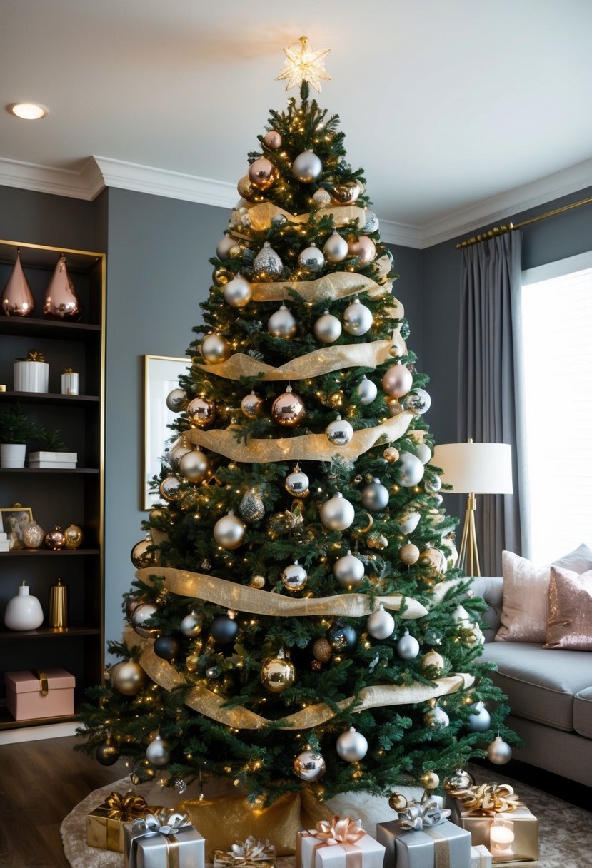 A cozy living room with a tall Christmas tree adorned with modern, metallic ornaments and twinkling LED lights. A mix of silver, gold, and rose gold decorations give the tree a contemporary and elegant look