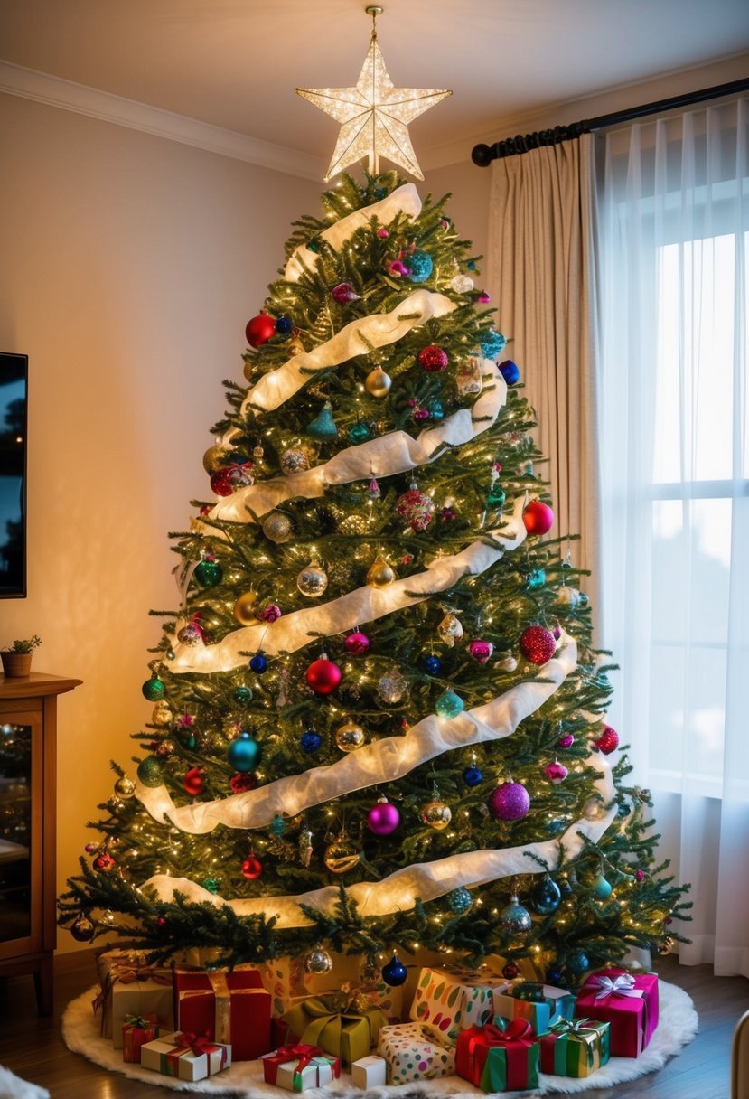 A cozy living room with a beautifully decorated Christmas tree, adorned with twinkling lights, colorful ornaments, and a shining star topper