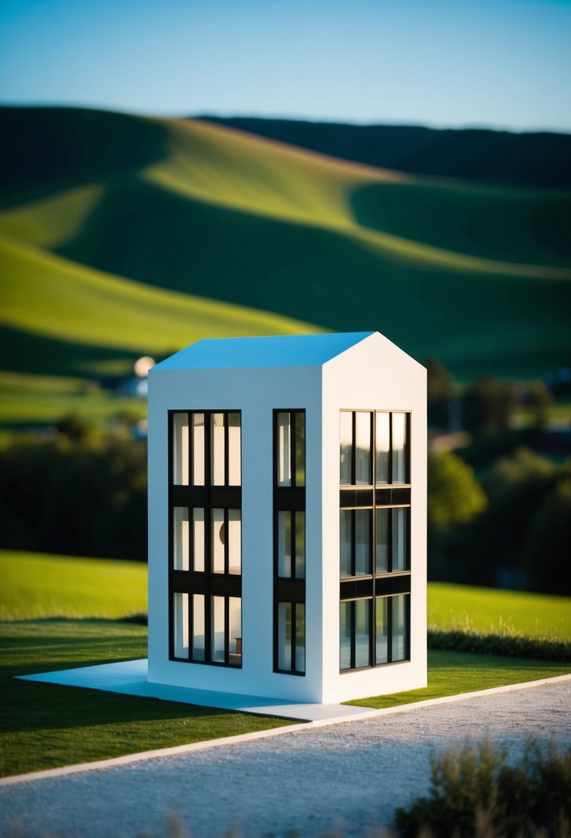 A sleek, modern 3D-printed house stands against a backdrop of green hills, with large windows and a futuristic design