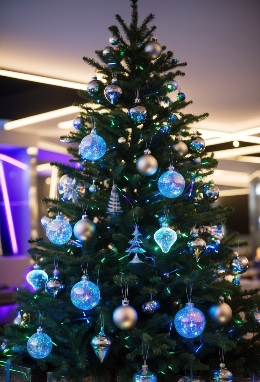 A modern Christmas tree adorned with holographic ornaments and LED lights, surrounded by futuristic metallic and neon decorations